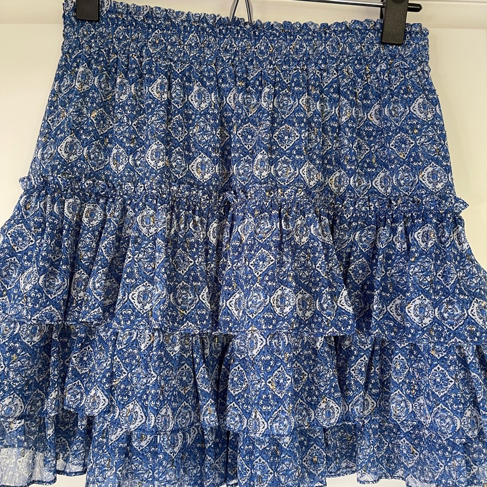 MISA Los Angeles Mini Skirt, "Marina Ruffle", Blue w Metallic Detailing, Sz Sm - Picture 2 of 5